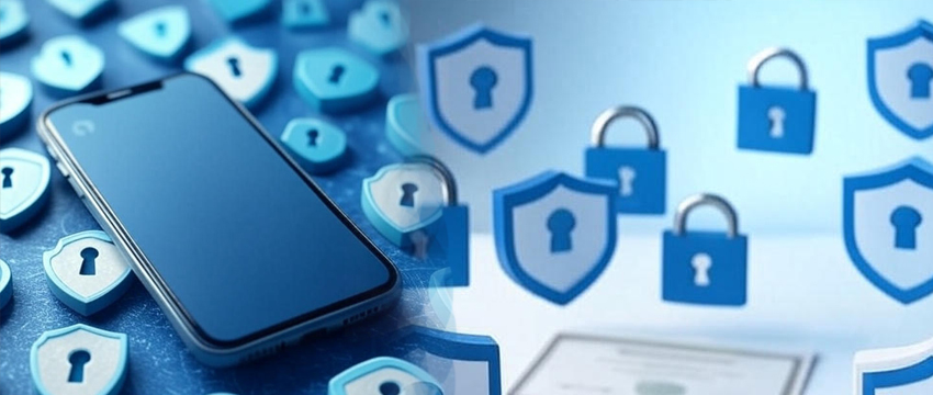 smartfon otoczony ikonami zamków, certyfikatów i tarcz