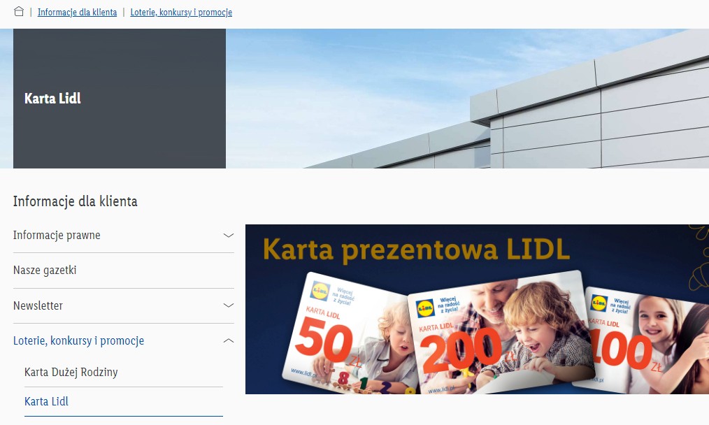 Rozdział Karta prezentowa na stronie lidl.pl