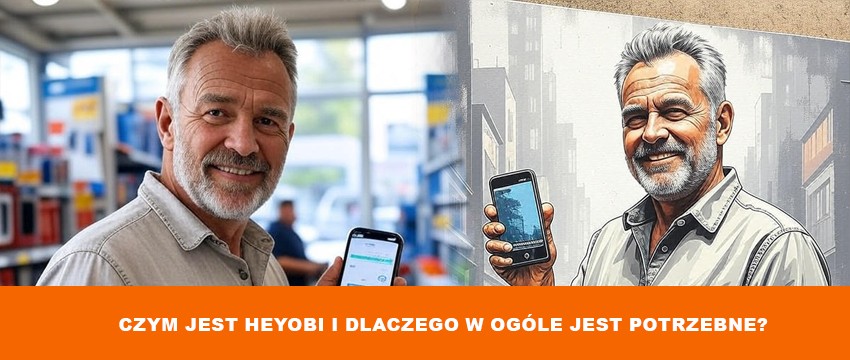 Mężczyzna w średnim wieku trzymający telefon z otwartą aplikacją zakupową, stojący przy kasie w dużym sklepie budowlanym OBI. W tle regały z narzędziami i produktami do domu.