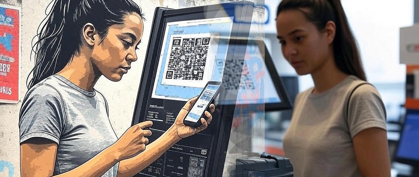 Kobieta w codziennym ubraniu pokazuje kasjerowi ekran telefonu z kodem QR aplikacji heyOBI. Na pierwszym planie - towar do zwrotu, kasa, tabliczka Zwrot.