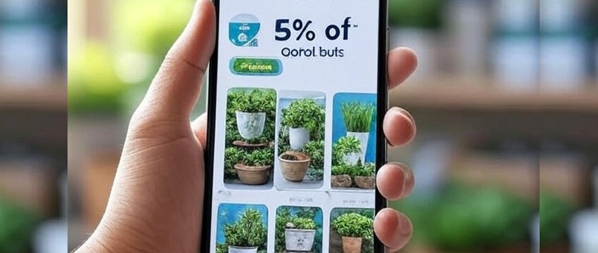 Dłoń trzyma smartfon z aplikacją heyOBI i rabatem 5% na produkty ogrodowe