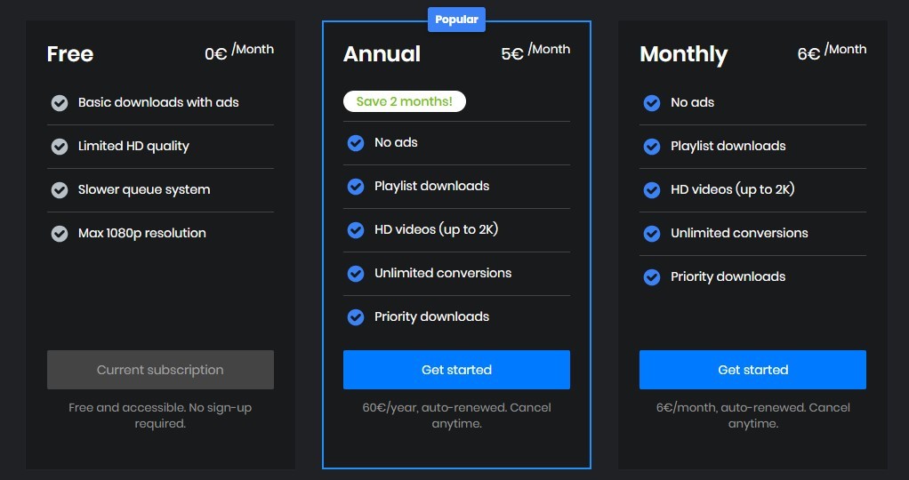 Tariffs for using the notube service